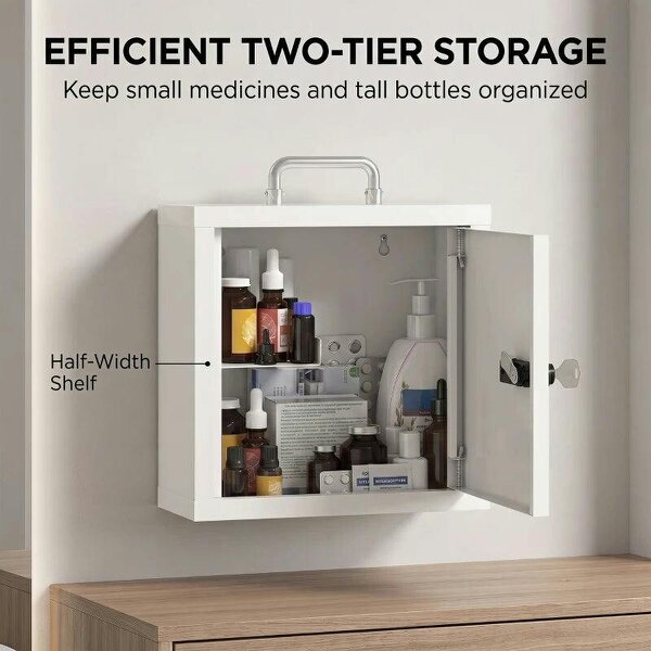 Wall Mount Medicine Cabinet with Combination and Key Lock, 2 Tier Stainless Steel First Aid Cabinet, White