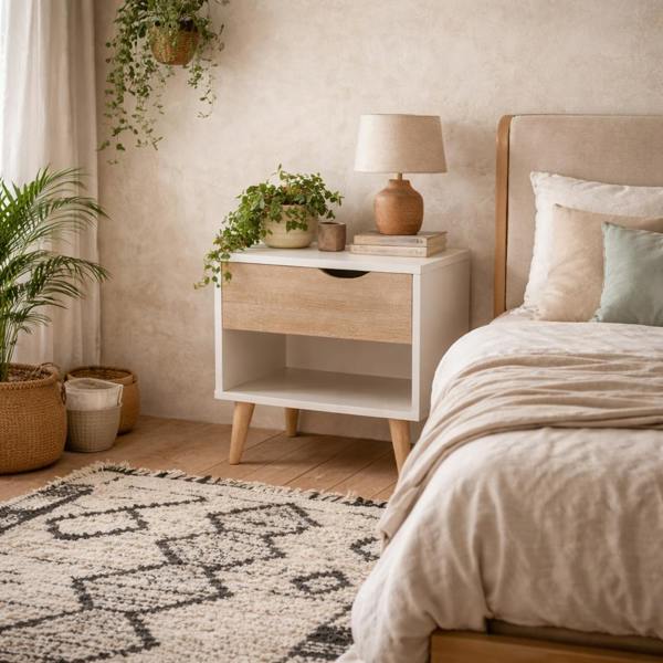 Wyld Haus Skerries 1 Drawer Bedside White and Natural Oak Wood Bottom Shelf