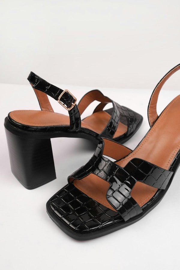 Where's That From Sergio Strappy Sandals With Block Heel in Black Croco Patent