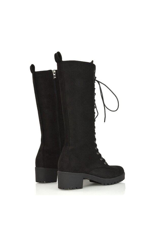 XY LONDON Lace Up Block High Heel Knee High Biker Boots