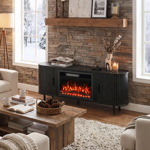 HOMCOM Electric Fireplace TV Stand for 70" TVs, 2 Storage Cupboards, Black