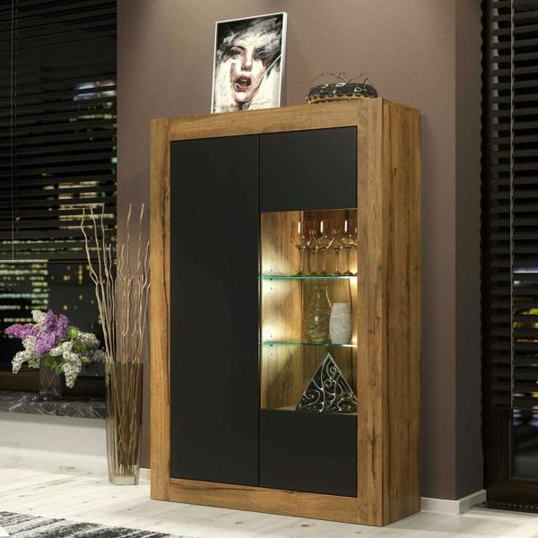 Mex Furniture Sideboard Cabinet Storage Display LED Lights Unit Oak Black Matt Cupboard Modern 140