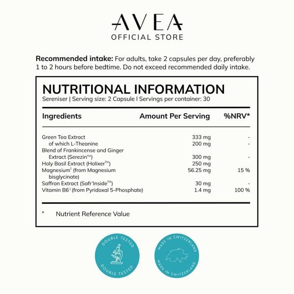 AVEA Sereniser (60 Capsules) - Natural Sleep Support - L-Theanine, Magnesium & Vitamin B6 - Deeper Sleep & Boosted Morning Alertness - Vegan Friendly