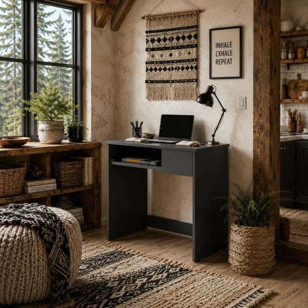 Wyld Haus Rami 80cm Grey Compact Study Desk With Keyboard Tray And Drawer Storage