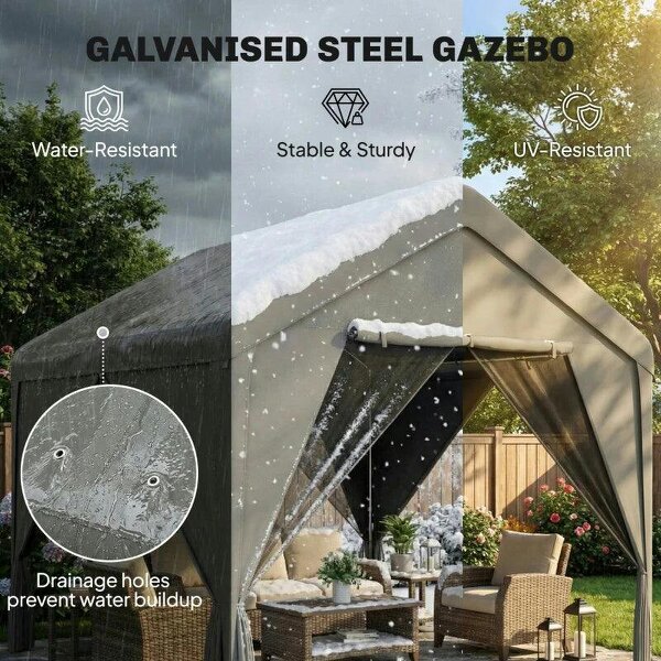 3 x 3 m Patio Gazebo with Netting & Curtains, Outdoor Canopy Shelter with Galvanised Steel Frame, Dark Grey