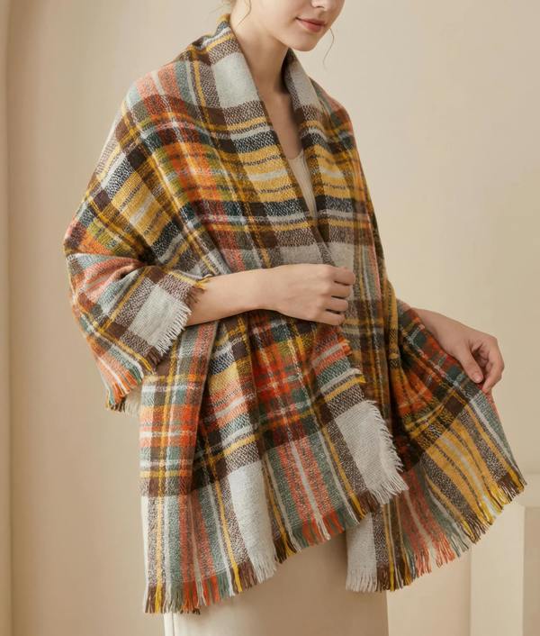 VIA MONTEN Women’s Vintage Plaid Scarf, Oversized Winter Scarf Wrap with Fringe, Soft Large Shawl for Cold Weather Styling