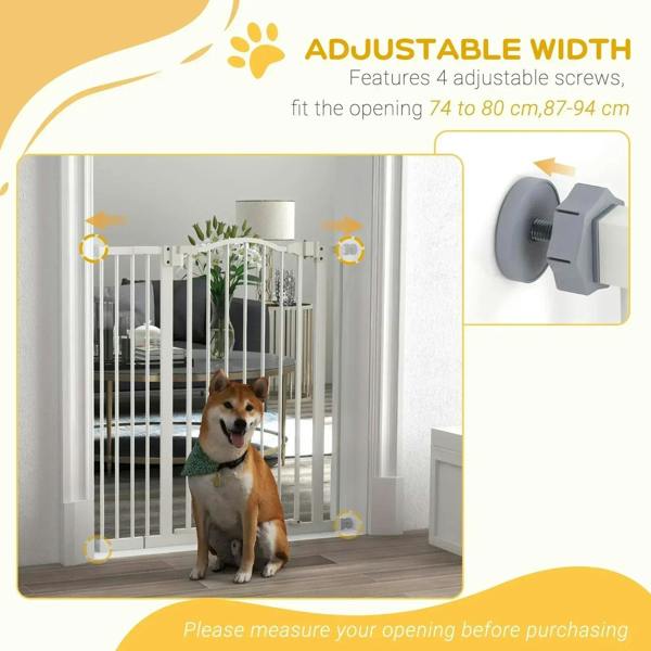 White adjustable dog gate with side pressure-mount screws and vertical bars
