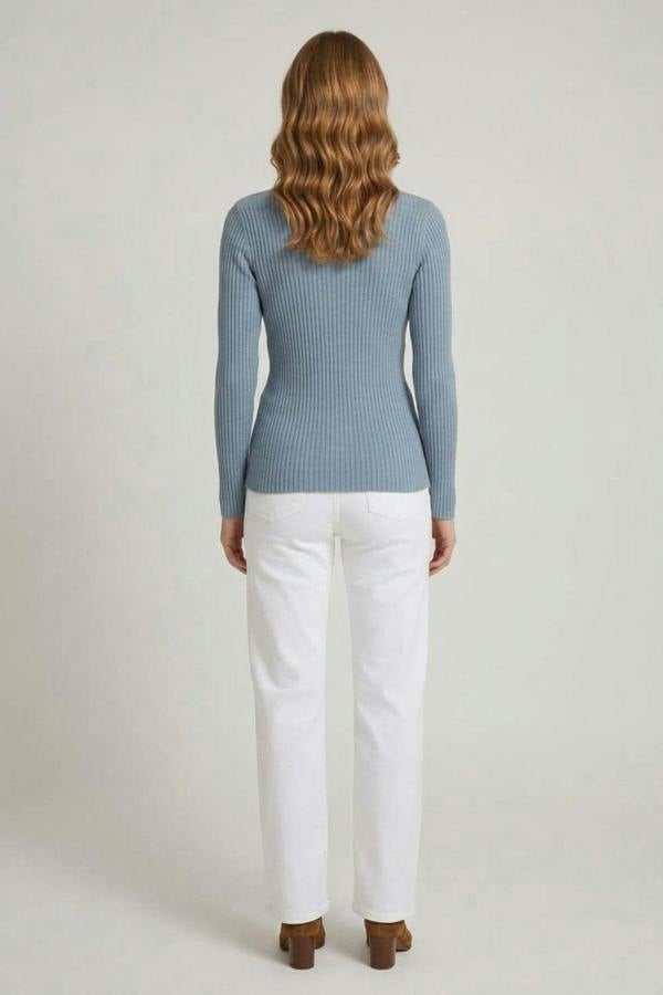 Blue | Striped Texture High Neck Slim Knit Top