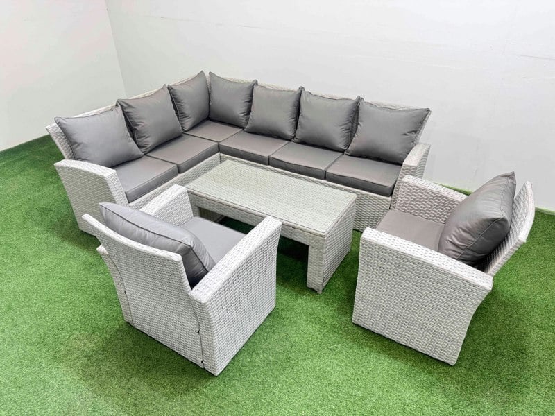 Fimous Rattan Garden Furniture Set Outdoor 8 Seater Corner Sofa Sets with Oblong Coffee Table Chair Light Grey Mixed