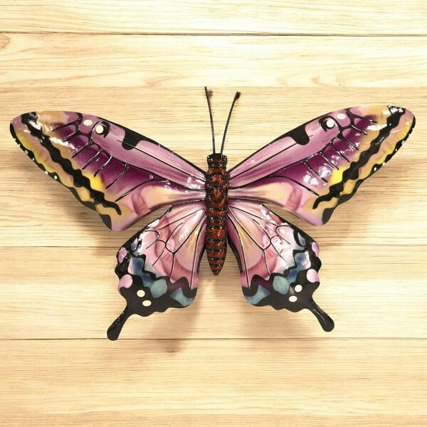 EDH Door Hardware Medium Metal Pink Butterfly Wall Art – 24 x 37 x 1 CM | Hand-Painted 3D Butterfly Decoration | Weatherproof Metal Wall Décor