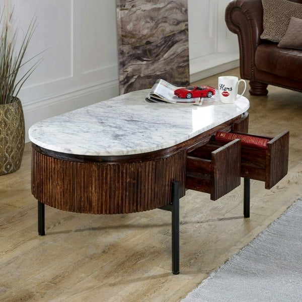 IH Design Miel Mango Wood Rectangular Fluted Coffee Table With Marble Top and Metal Legs