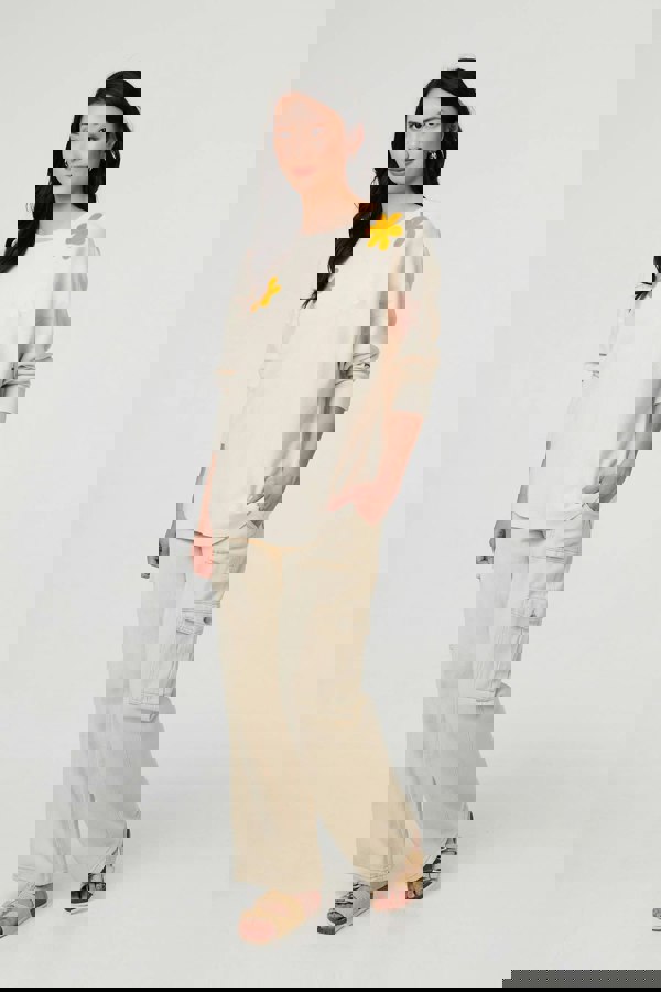 Beige | Floral Embellished Batwing Sleeve Jumper
