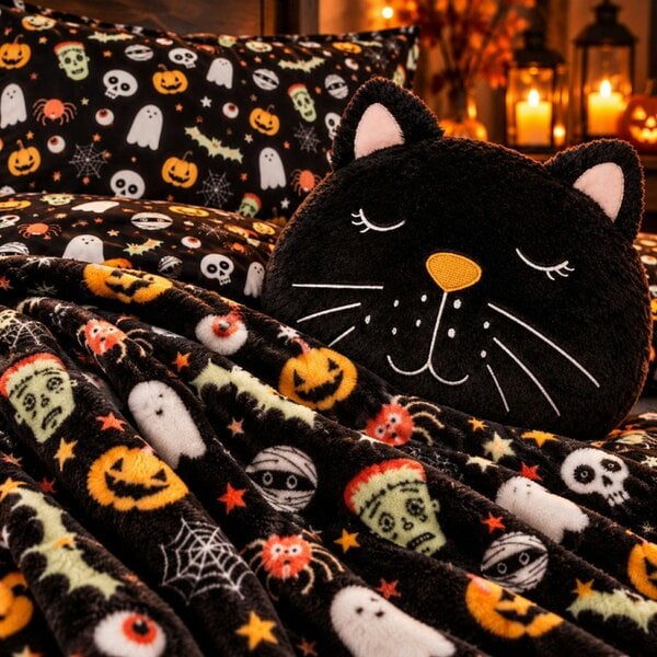 Smart Living 3 Piece Halloween Bedding WOW DEAL - Single Duvet Set + Fleece Throw + Cat Cushion