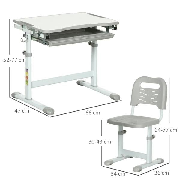 Adjustable kids writing desk and chair set with size dimensions and height ranges