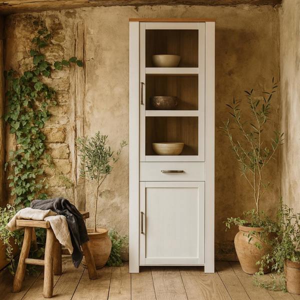 Wyld Haus Bramblecroft White and Natural Oak Wood Narrow Display Cabinet 2 Doors 1 Drawer
