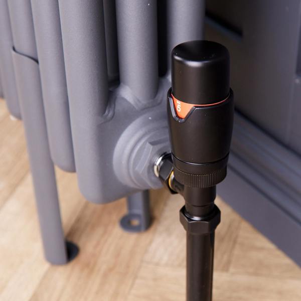 Flode Angled Round Thermostatic TRV & Lockshield | 15mm x 1/2″ | Satin Black