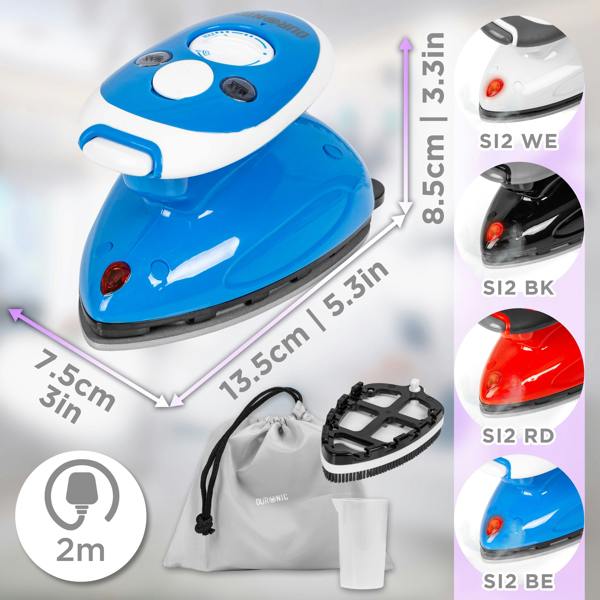 Duronic SI2 BE Mini Travel Steam Iron 375W Blue 50ml Variable Temperature for Holidays Quilting & Crafts