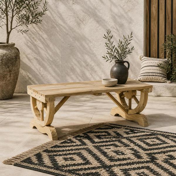 Wyld Haus Bave Pana Wood Natural Rustic 2 Seater Garden Bench With Wagon Wheel Legs And Slatted Seat