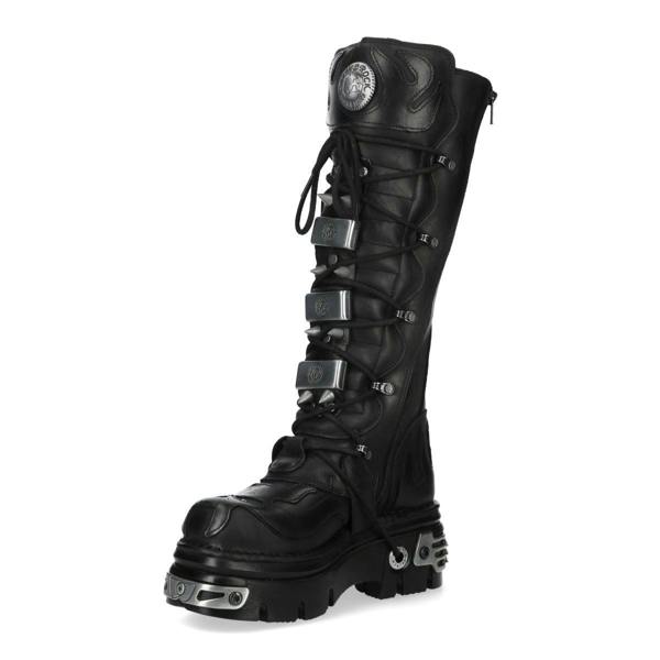 New Rock M-161-C10 Knee High Black Leather Spiked Gothic Boots