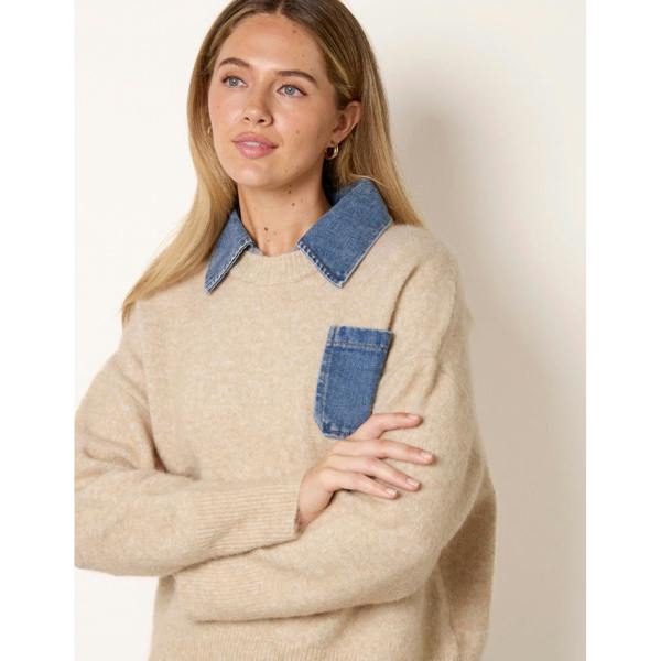 Blue Vanilla Front Pocket Denim Collar Jumper