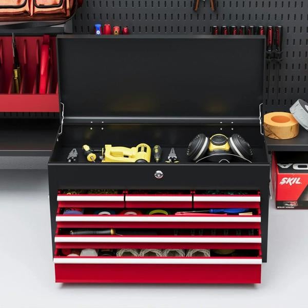 Open red steel tool storage chest showing top compartment and six drawer rails