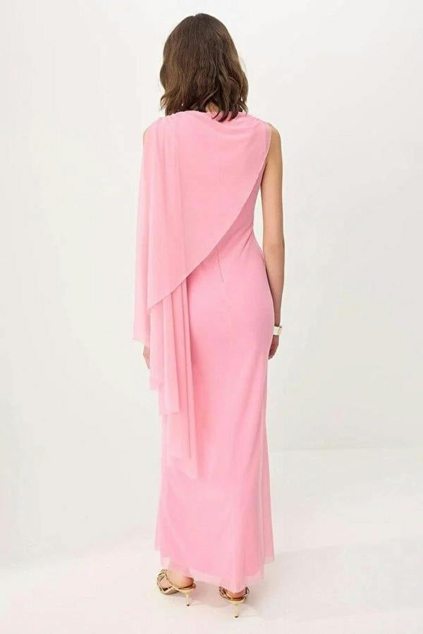 Pelerin Detailed Tulle Lined Maxi Evening Dress