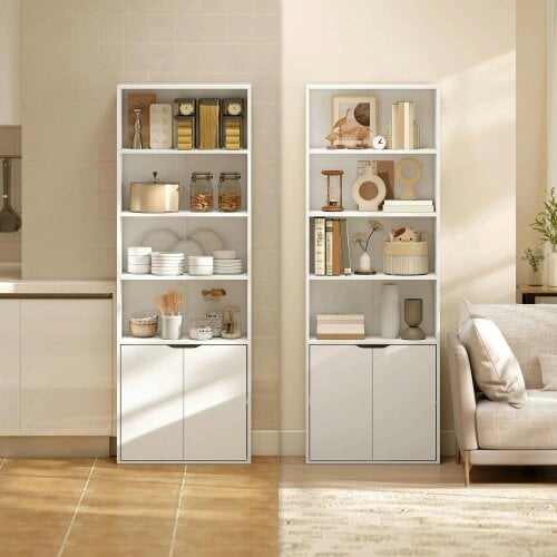 Bobobiy 6-Tier Tall Bookcase, Bookshelf with 4 Open Shelves and Double Door Storage Cabinet, Freestanding Display Rack, 59 x 29 x 180cm, White