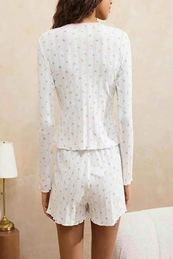 WOVCOR 2-Piece 100% Cotton Knitted Pajama Set with Floral and Lace Details