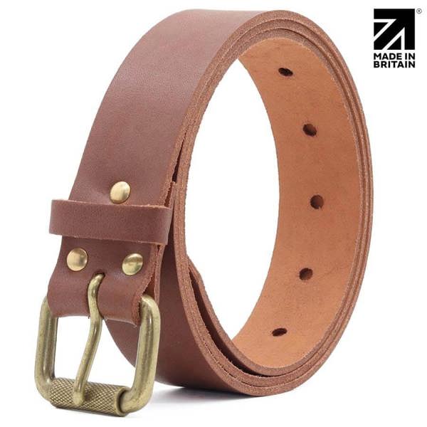 Made in Britain Full Grain leather belt for men in a tan colour rolled up showing the buckle