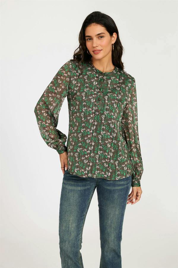FS Collection Silver Thread Print Long Sleeve Sheer Blouse In Brown