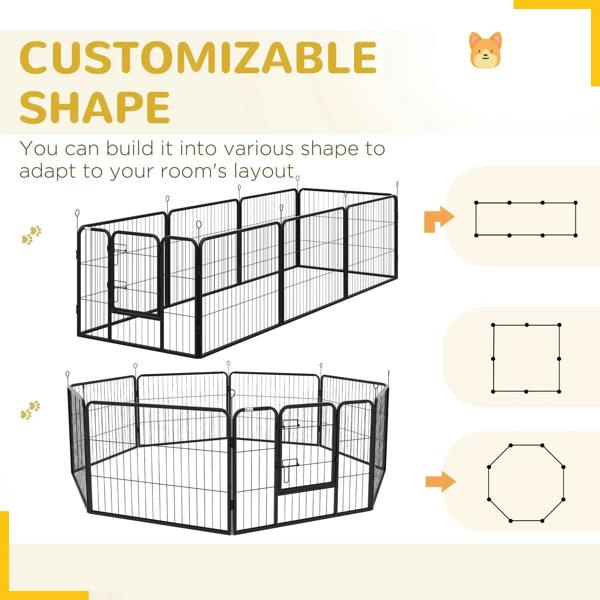 Black steel dog playpen with 8 panels and corner sections, shown in different shapes.