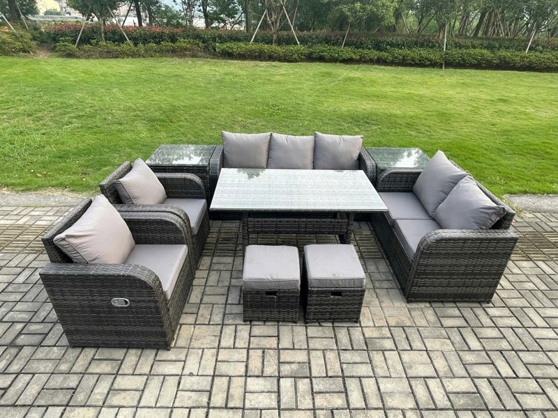 Fimous 9 Seater Garden Rattan Furniture Dining Table Sofa Set Indoor Outdoor with 2 Reclining Chairs 2 Side Tables 2 Small Footstools Dark Grey Mixed