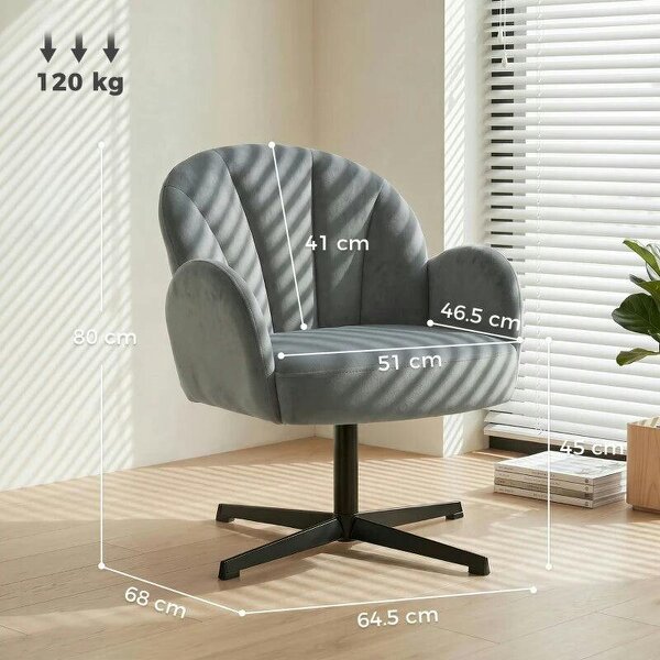 Swivel Accent Chair, Shell-Shaped Armchair with Spring Cushion, Metal Base, Grey