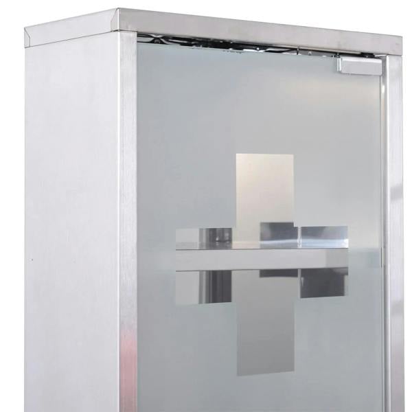 Stainless steel medicine cabinet with clear security glass door and two-tier shelving