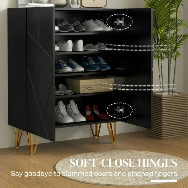 Open black shoe cabinet with tiered shelves and built-in LED strip lighting