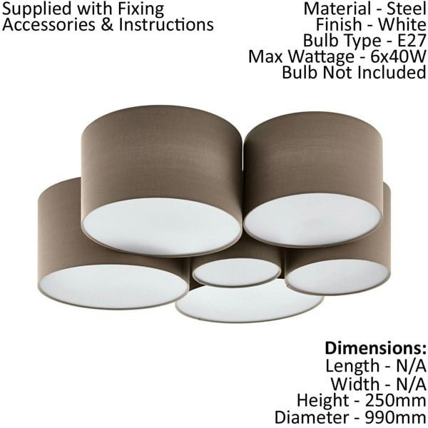 Flush Ceiling 6 Bulb Light Colour White Shades 6 x Taupe Fabric Bulb E27 6x40W Loops
