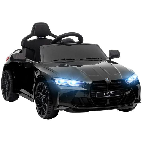 Black kids ride-on BMW-style car with glowing LED headlights, steering wheel, front view