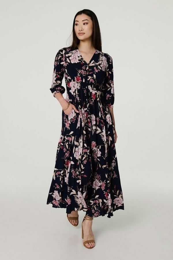 Navy | Floral 3/4 Sleeve A-Line Maxi Dress