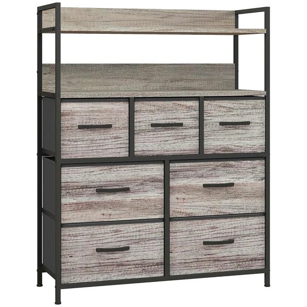 Front view of grey wood-effect storage cabinet with seven fabric drawers