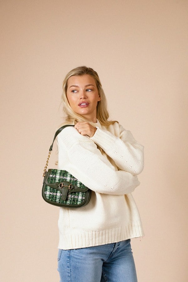 SVNX Knit Check Shoulder Bag in Khaki Green