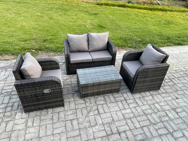 Fimous 4 PC Outdoor PE Rattan Garden Furniture Set Wicker Love Sofa Coffee Table 2 Armchair Dark Grey Mixed