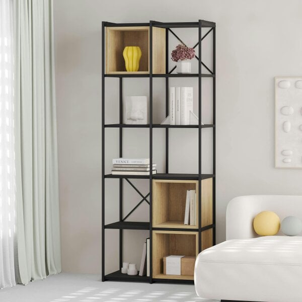 Decortie Modern Vale Midi Bookcase Display Unit 5-Tier Metal Frame 3 Adjustable Shelf 18mm Engineered Wood (Black Wood