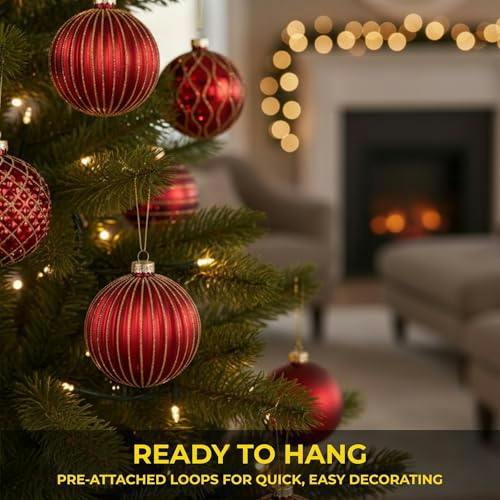 8cm Red Glass Christmas Baubles Set, 12 Pack with 3 Assorted Designs for Tree Decorations image 4