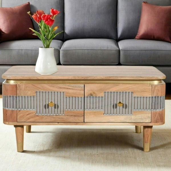 IH Design Alaina Acacia Wood 2 Drawers Coffee Table