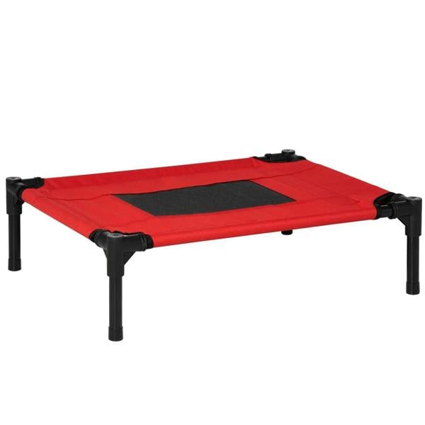 Red elevated pet bed with black metal frame and rectangular black mesh center