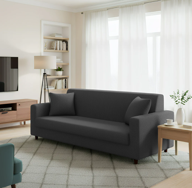 Anyseat 3 Seater Sofa Cover Plain Dark Grey Style and Protection For Living Room Sofa Chair Elastic Stretchable Slipcover