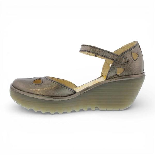 Fly London YUNA - Women’s Bronze Brown Leather Wedge Sandals
