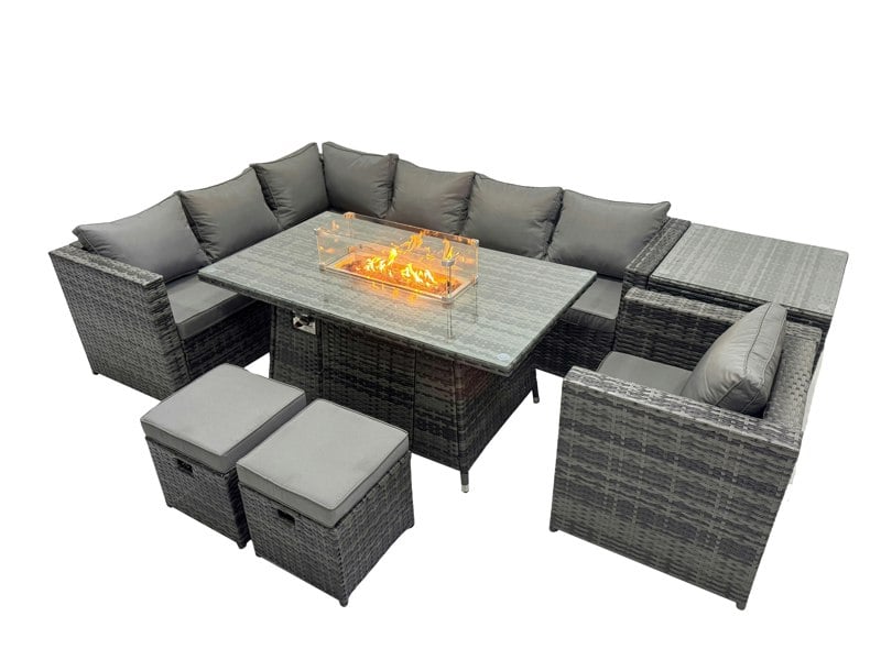 Fimous Rattan Garden Furniture Dining Set 9 seater Gas Fire Pit Dining Table Corner Sofa Set with Side Table 2 Small Stool Dark Grey Mixed
