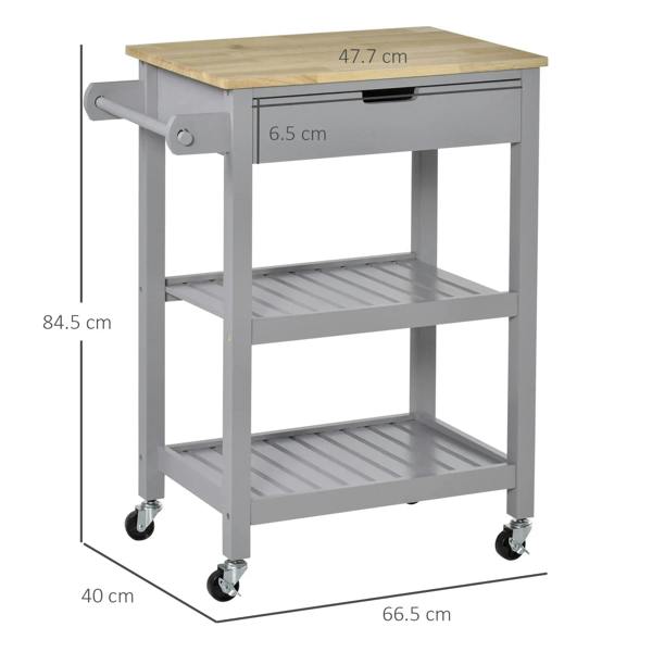 Grey kitchen trolley with rubberwood worktop, towel bar, slatted shelves, and drawer