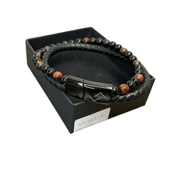 RUNESILK Leather, Onyx and Red Tiger's Eye Bead Bracelet